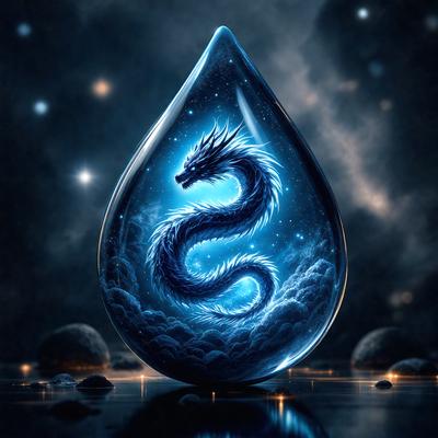 The primary subject of the image is a blue dragon, which is the main object, scene, or focus of the image. The dragon is depicted in a digital art style, with a dark and moody atmosphere. The setting or background of the image features a dark sky, which adds to the dramatic and mysterious mood of the scene.